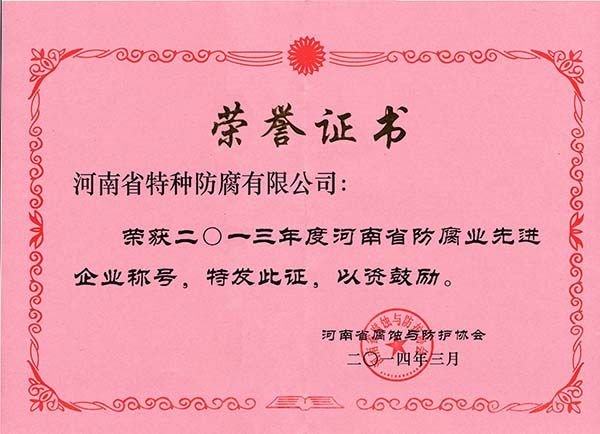 2013年度河南省防腐先进企业称号